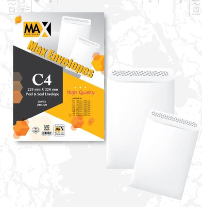 Self adhesive envelope | Plain White envelope | Size C4 229 mm x 324 mm | 100 GSM | Pack of 50 envelopes | Envelopes Series