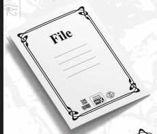 A white cardboard file with the word 'FILE' printed on the front, featuring a decorative border and a small icon on the bottom right corner.