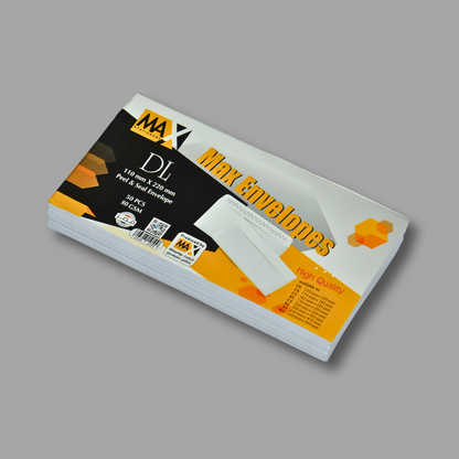 Self adhesive envelope | Plain White Envelope | Size DL 110 mm x 220 mm | 100 GSM and 80 GSM | Pack of 50 envelopes | Envelopes Series by Max Paper House