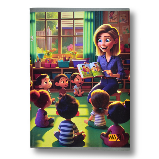 A5 English ruled notebook by Max Stationery with 100 sheets, 60 GSM paper, and a 250 GSM duplex cover – ideal for school writing and practice.

