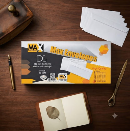 Self adhesive envelope | Plain | Size DL 110 mm x 220 mm | 100 and 80 GSM | Pack of 50 envelopes | Envelopes Series
